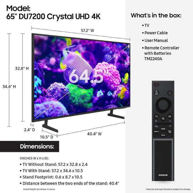 Samsung 65-inch Crystal UHD 4K Smart TV with HDR, Object Tracking Sound Lite, PurColor, and Motion Xcelerator, 2024 model 1