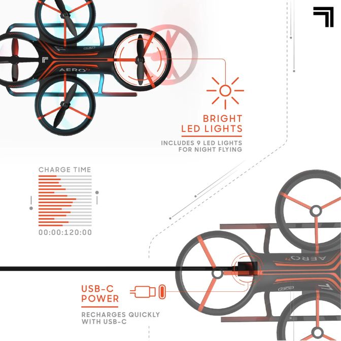 Sharper Image Aero Drone, Rechargeable LED Stunt Drone, Built-in LED Lights, Orange 2