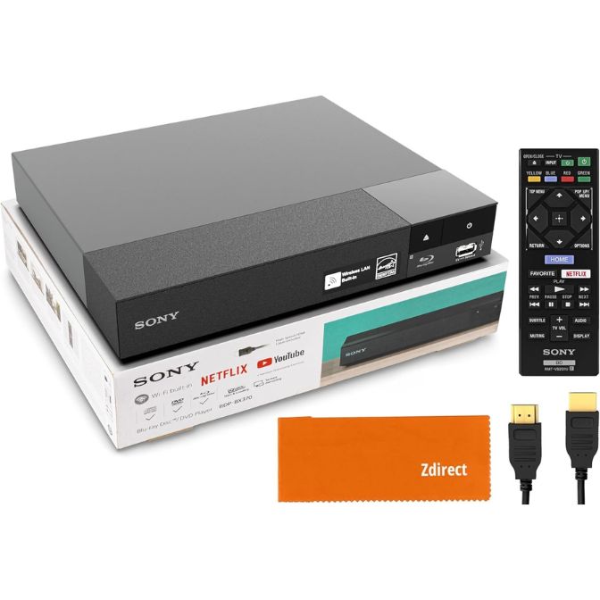 Sony DVD Player Blu Ray Player BDP-BX370 Bundle, High Speed HDMI Cable, Zdirect Lens Cloth
