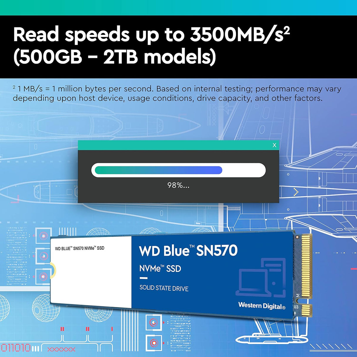 Western Digital 1TB WD Blue SN570 NVMe Internal Solid State Drive SSD - Gen3 x4 PCIe 8Gb/s, M.2 2280, Up to 3,500 MB/s
