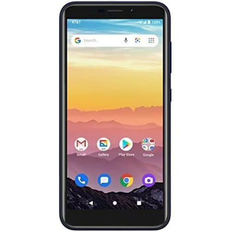 AT&T prepaid smartphone with a 55-inch display, 16GB storage, 4G LTE support, and GSM unlocked functionality in blue