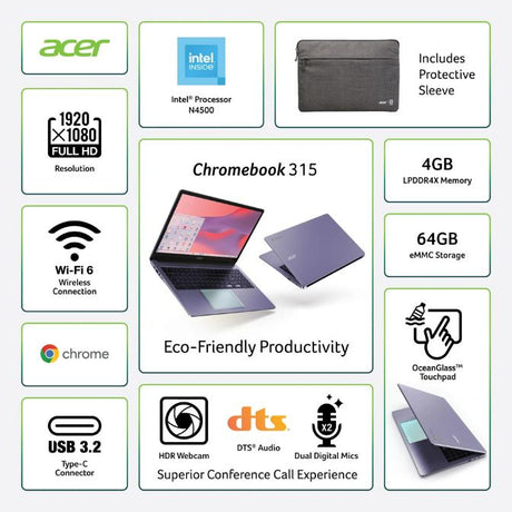 Acer Chromebook 315 with Intel N4500 processor, Moonstone Purple 10