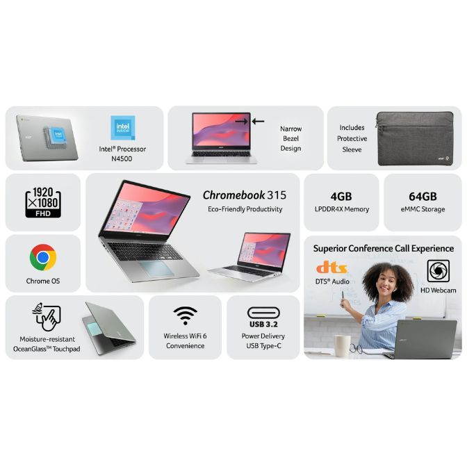 Acer Chromebook 315 with Intel N4500 processor Pure Silver 9