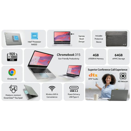 Acer Chromebook 315 with Intel N4500 processor Pure Silver 9