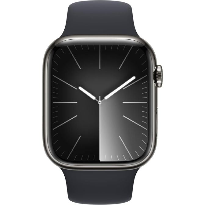 Apple Watch Series 9 with GPS + Cellular, 45mm stainless steel case, Midnight Sport Band, and advanced health tracking features