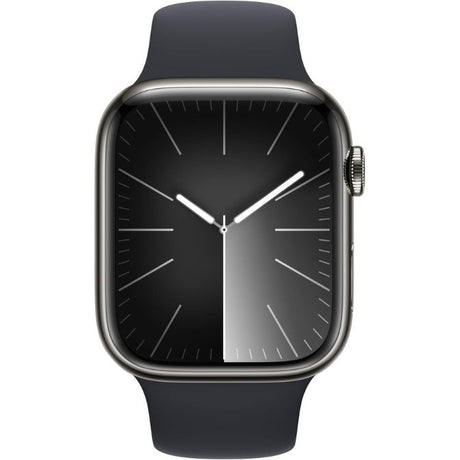 Apple Watch Series 9 with GPS + Cellular, 45mm stainless steel case, Midnight Sport Band, and advanced health tracking features