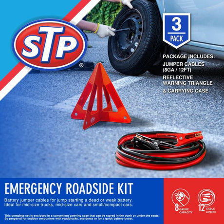 STP 3-Piece Roadside Kit, Jumper Cables for Car Battery, 12 ft Heavy Duty Automotive Booster Cables with Reflective Triangle and Carrying Case 3